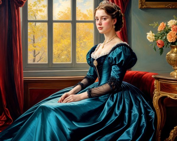 Young Woman in Teal Gown on Crimson Velvet Couch