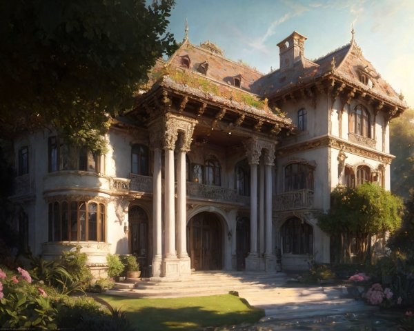 Intricately Designed Mansion Surrounded by Lush Greenery
