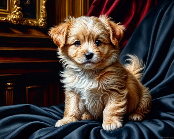Fluffy Golden Puppy on Dark Luxurious Fabric