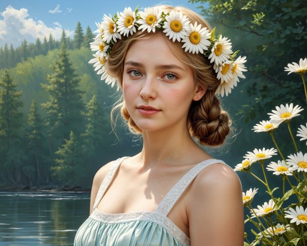 Young Woman in Light Blue Dress by Tranquil Lake