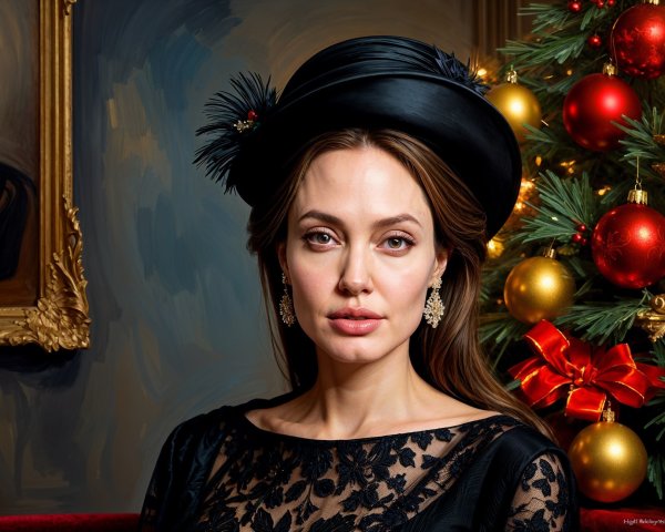 Elegant Woman in Black Dress with Festive Backdrop