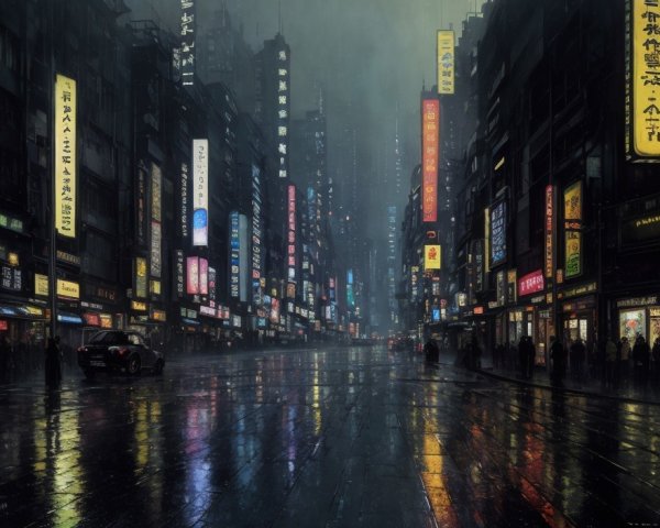 Urban city night scene with neon-lit street, rainy ambiance, high-rise buildings, multilingual signs