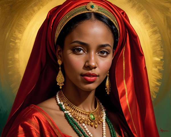 Vibrant Red Attire and Gold Jewelry on Woman