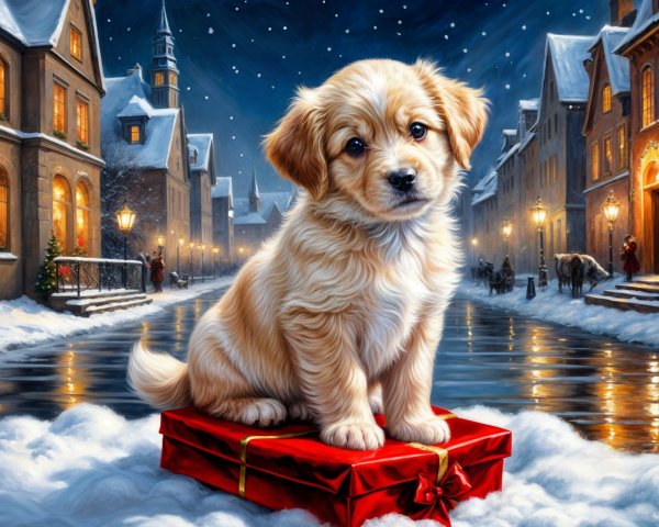 Fluffy Golden Puppy on Red Gift Box in Winter Scene