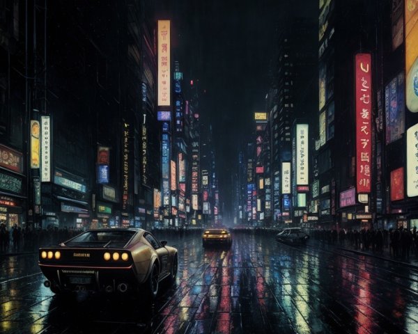 Futuristic city street at night with neon signs, wet from rain, sports car and approaching vehicle