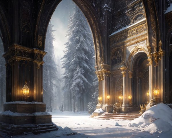 Gothic archway in snowy forest with glowing lanterns