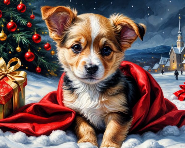 Fluffy puppy in red blanket in winter wonderland scene