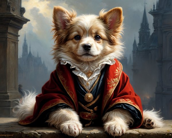 Regal Dog in Red Cloak in Gothic Setting