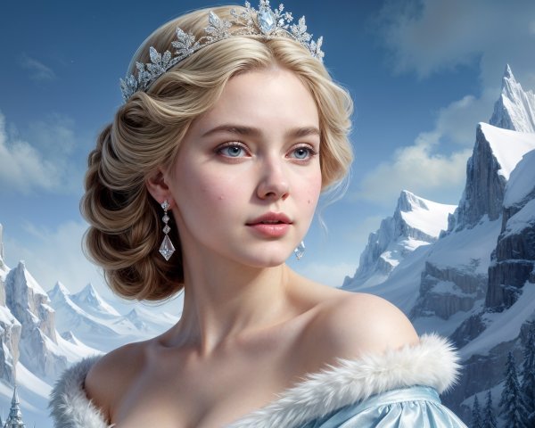 Young Woman in Icy Blue Dress in Winter Wonderland