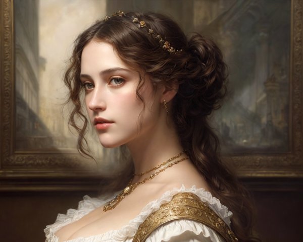 Young Woman in Elegant Gown with Ornate Background