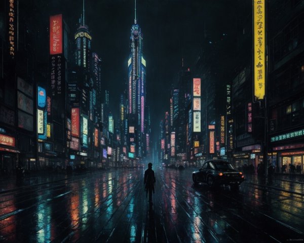 Night scene: rain-soaked street with neon signs, lone figure, parked car