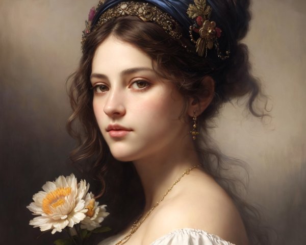 Young woman portrait with serene expression, jeweled headband, white flower, flowing hair, soft lighting