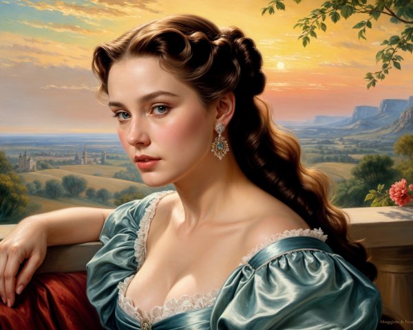 Young woman in vintage blue gown against sunset landscape
