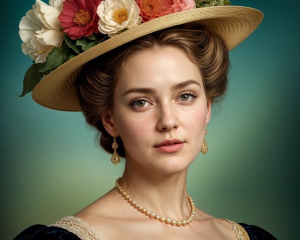 Vintage-style gown and floral hat portrait of woman