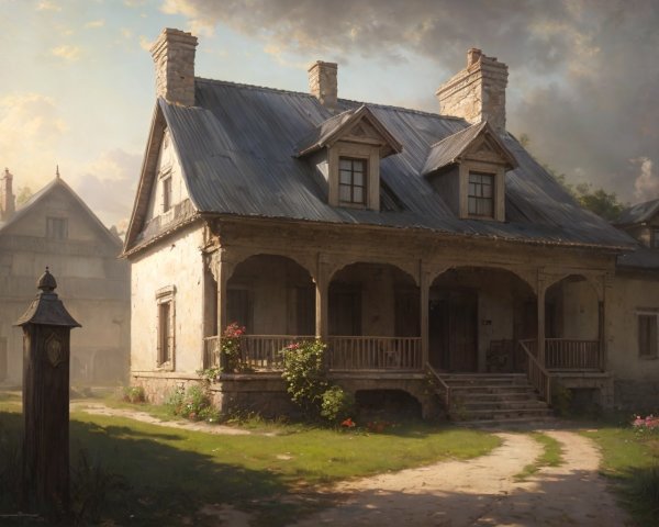 Weathered House with Wraparound Porch and Greenery