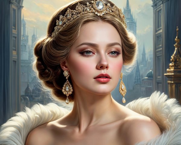 Elegant woman in jeweled crown with luxurious fur stole