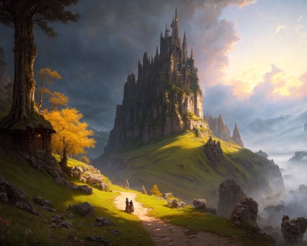 Mystical castle on rocky hill with lone tree, cabin, and horseback figure in fog