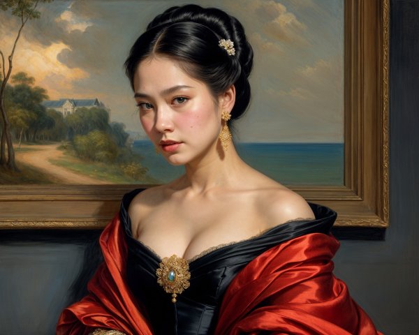 Elegant Woman in Black Gown with Serene Landscape