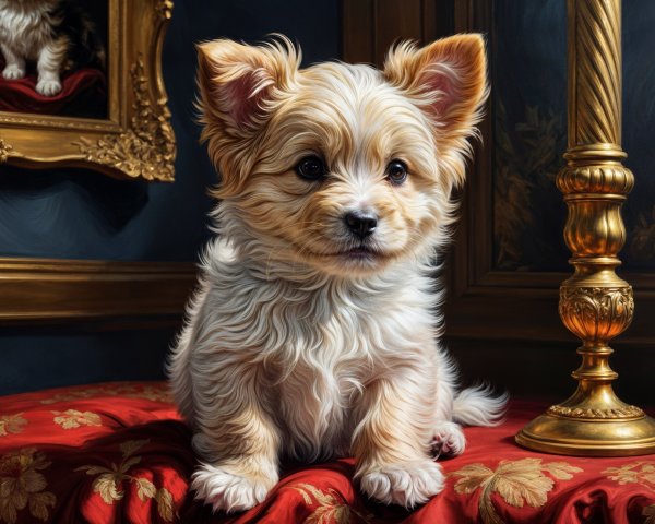 Fluffy Cream-Colored Puppy on Elegant Red Fabric