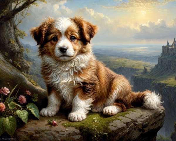 Fluffy Golden-Brown Puppy on Mossy Rock in Landscape