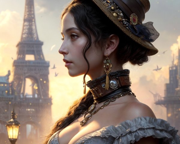 Steampunk Woman with Eiffel Tower and Flying Ships