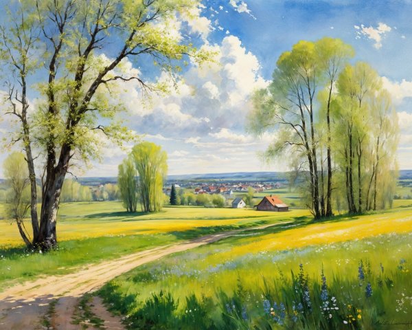 Serene Countryside Landscape with Winding Path and Trees