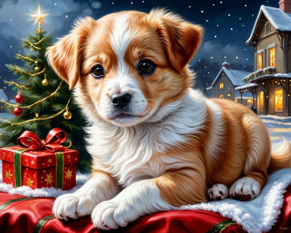 Fluffy puppy on festive blanket near Christmas tree