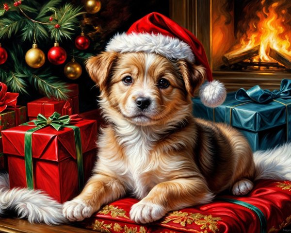 Puppy in Santa Hat on Festive Blanket by Fireplace
