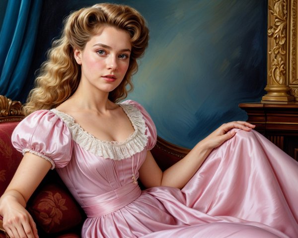 Elegant young woman in pink gown on ornate chair