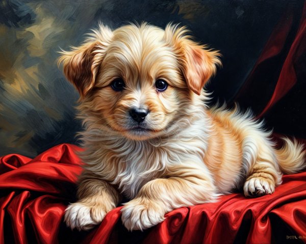 Fluffy Golden Puppy on Deep Red Satin Cloth