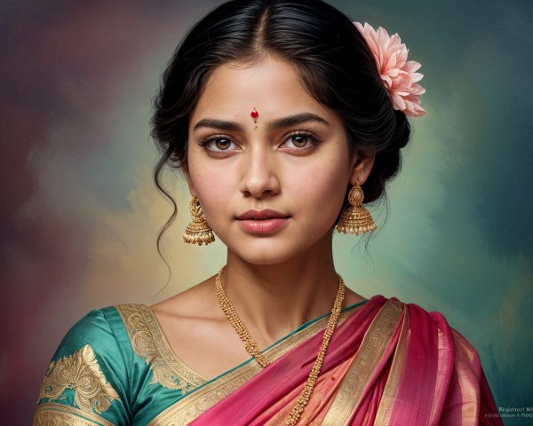 Young Woman in Traditional Saree with Gold Jewelry