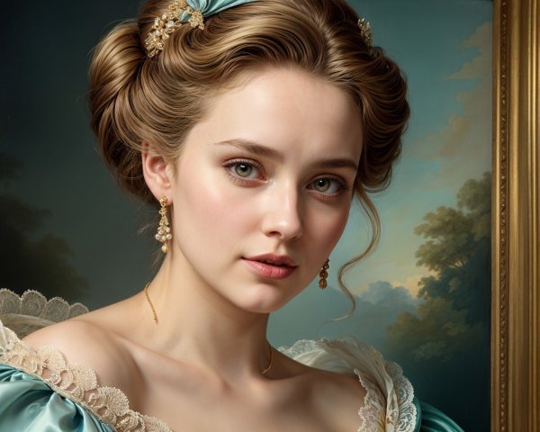 Elegant Woman in Pale Blue Gown with Turquoise Ribbon
