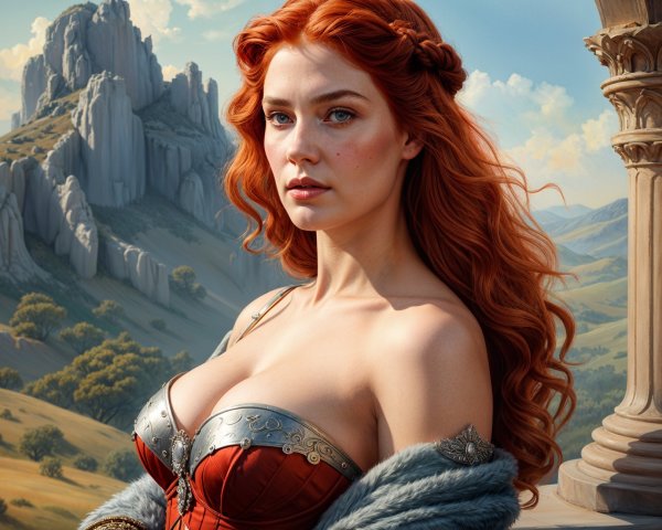 Striking Woman in Ornate Dress Against Mountainous Backdrop