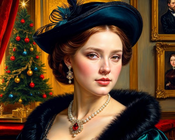 Glamorous Woman in Historical Outfit by Christmas Tree