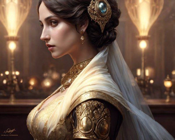 Elegant woman in gold-trimmed dress in candlelit room