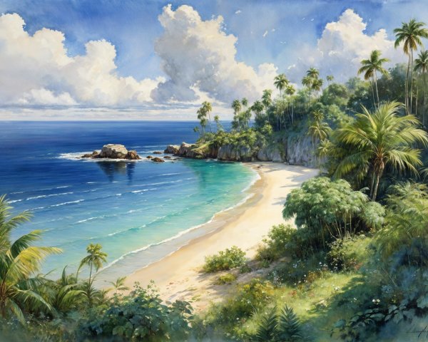 Tropical Beach Scene with Golden Sands and Palms