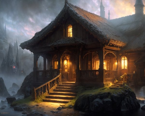 Wooden house by river at dusk with glowing windows