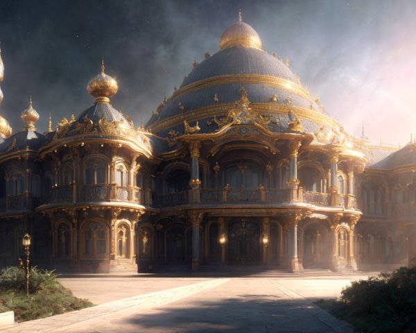 Opulent palace with golden domes in serene setting