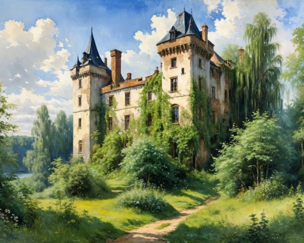 Majestic Ivy-Covered Castle in Scenic Landscape