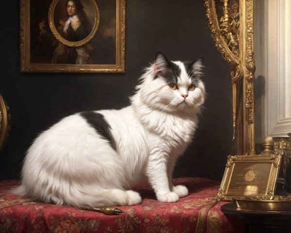 Fluffy Black and White Cat on Red Cushion with Gilded Frame