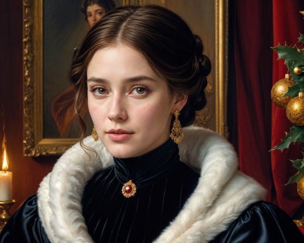 Elegant Young Woman in Black Velvet Dress with Fur Collar