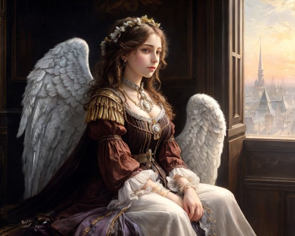 Woman with white wings in elegant dress gazes at cityscape from window