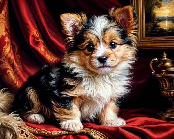 Tri-Colored Puppy Against Red Velvet Backdrop