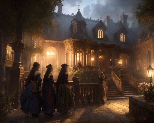 Victorian-style mansion with costumed individuals at twilight