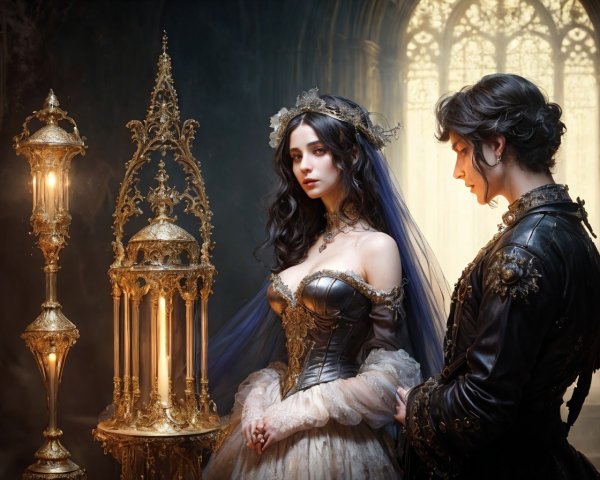 Period-style dressed woman and man with golden lantern in dim setting