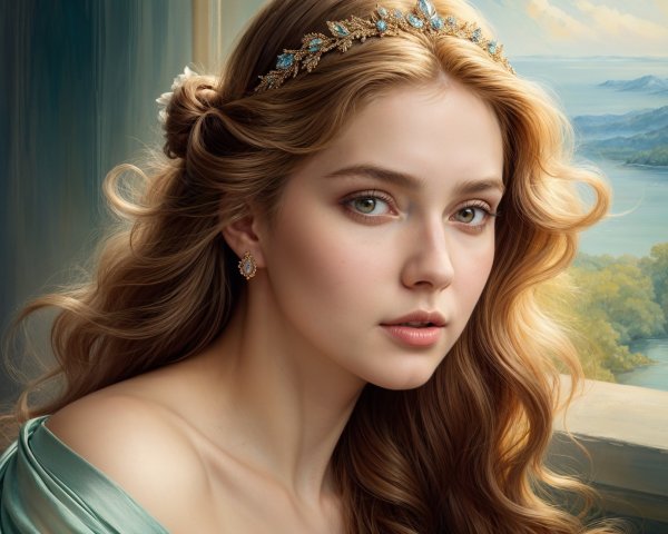 Young woman with golden hair in serene landscape