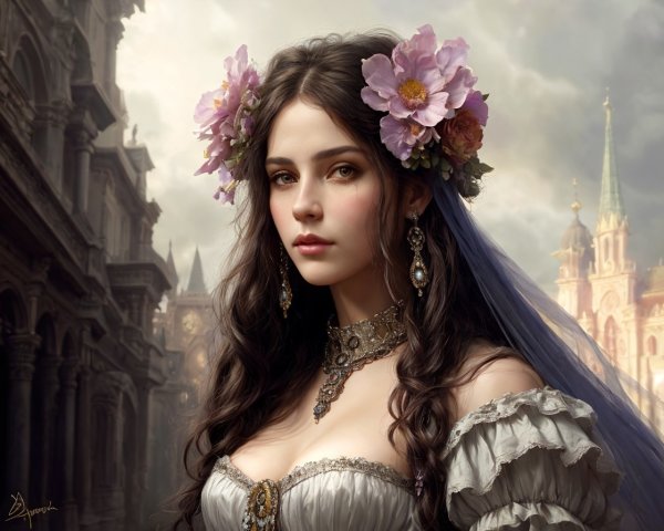 Portrait of woman with long dark hair in flower crown and elegant grey dress against old-world backdrop