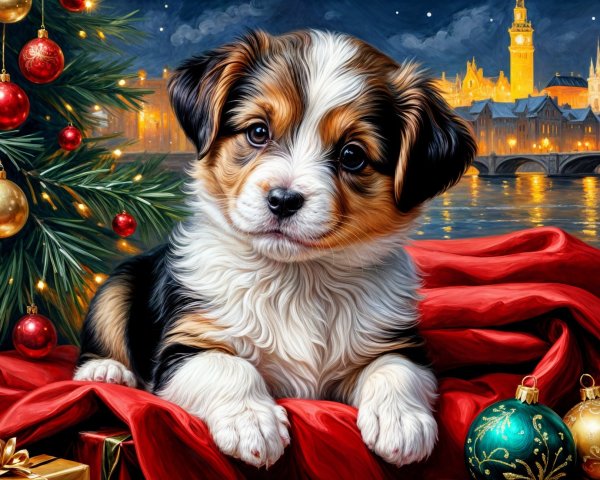Puppy on Red Fabric with Christmas Decorations