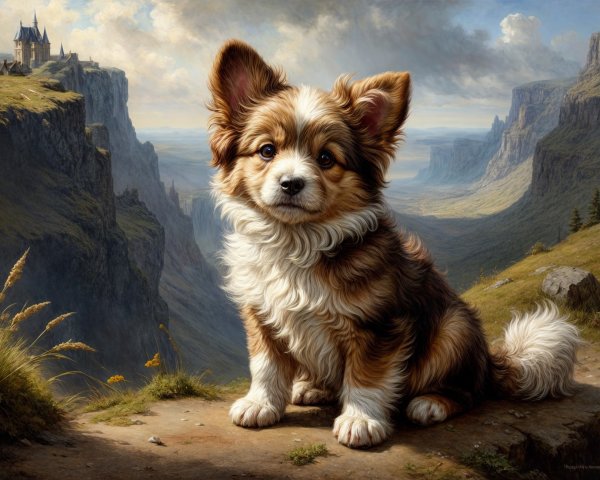 Fluffy Dog Overlooking Scenic Valley with Castle