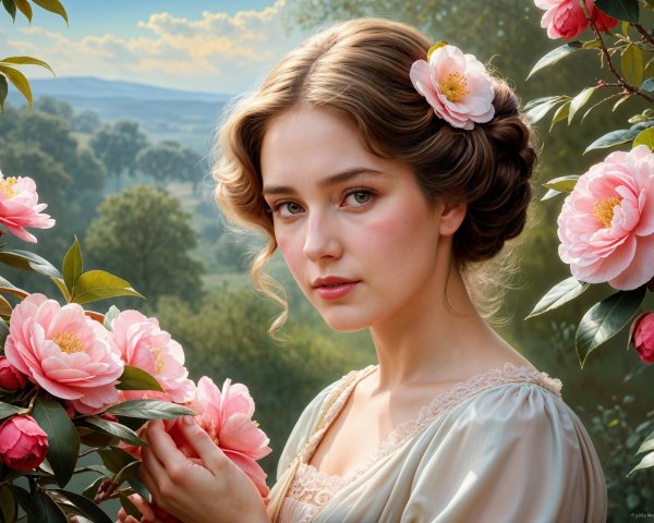 Young Woman with Wavy Hair and Pink Camellias